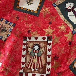 Festive Red Holiday Quilt with Angel and Snowman